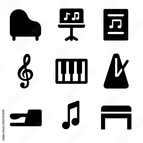 Piano Icon Set. Solid, filled icons set of piano and sheet music: grand piano, music stand, sheet music,