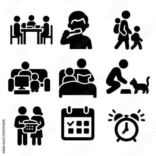 Daily Family Icons. Solid, filled icon set of daily family routines: breakfast table, brushing teeth, walking to school, evening