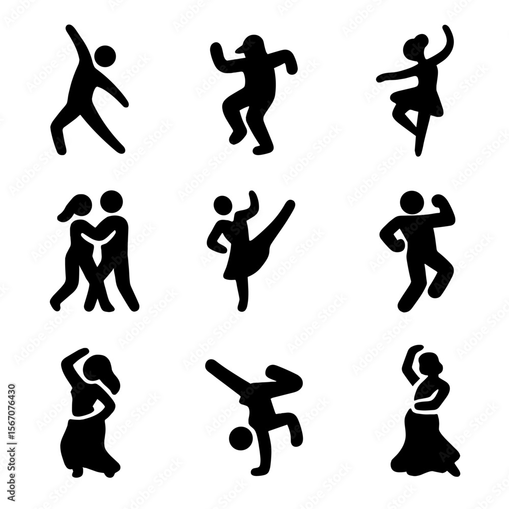 Naklejka premium Dance Style Icons. Solid, filled icon set of dance styles for empowerment: contemporary dance, hip hop, ballet, salsa, jazz dance,