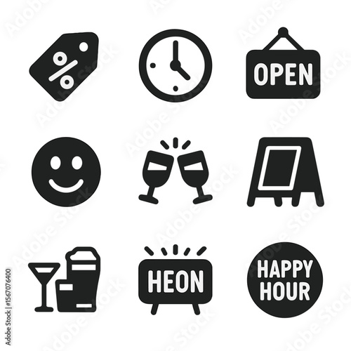 Happy Hour Icons. Solid, filled icon set of happy hour signs and promotions: discount tag, clock icon, open hours board, happy
