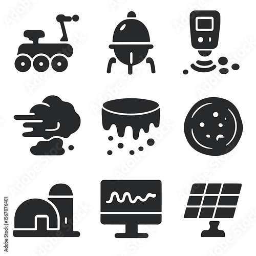 Planetary Research Icons. Solid, filled icons set of planetary research: Mars rover, surface probe, geology