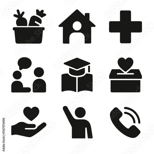 Social Service Icons. Solid, filled icon set of social services: food bank, shelter, medical aid, counseling, education, donation