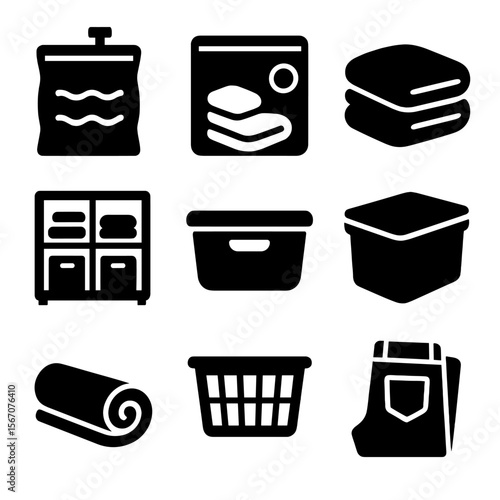 Compact Clothing Icons. Solid, filled icons set of compact clothing storage solutions: compression icon,