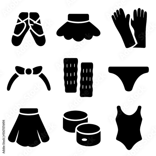 Dance Accessory Icons. Solid, filled icon set of dance accessories and attire: dance shoes, tutu, dance gloves, headband, leg