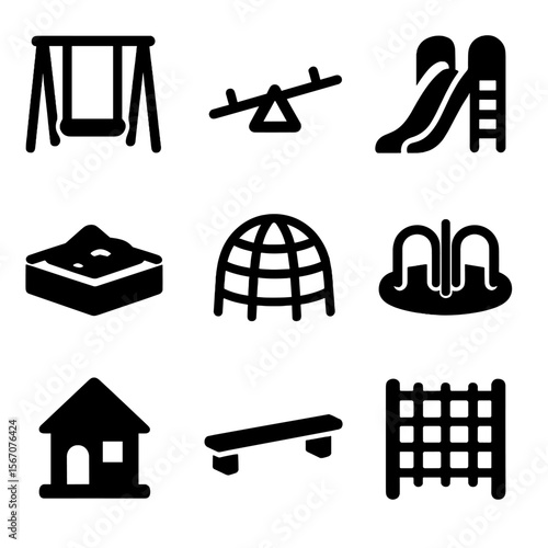 Playground Equipment Icons. Solid, filled icons set of children’s playground equipment: swing seat, seesaw,