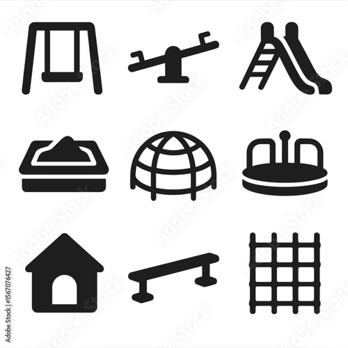 Playground Equipment Icons. Solid, filled icons set of children’s playground equipment: swing seat, seesaw,