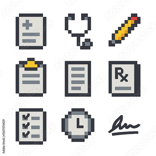 Clinical Icon Set. Pixel art icon set of clinical documentation: medical chart, stethoscope, pen, clipboard, SOAP note,