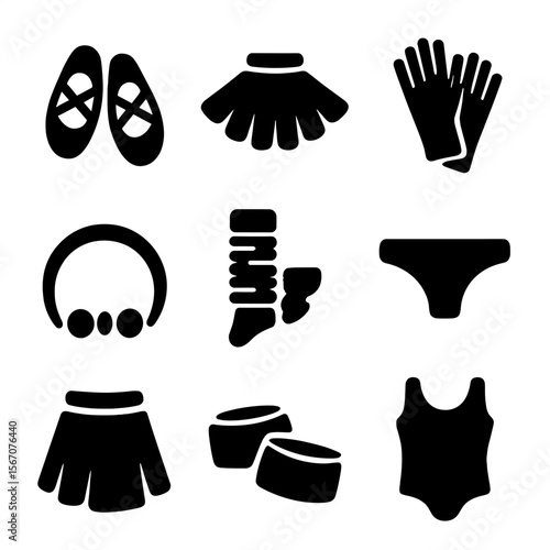 Dance Accessory Icons. Solid, filled icon set of dance accessories and attire: dance shoes, tutu, dance gloves, headband, leg