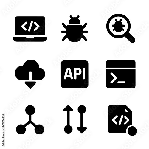 Software Development Icons. Solid, filled icon set of software development and coding: laptop with code, bug icon, debugging tool,