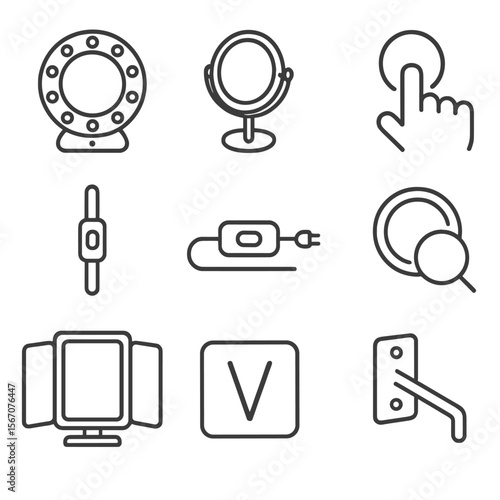 Vanity Mirror Icon Set. Outline icon set of vanity mirror features: LED bulb ring, adjustable swivel mirror, touch sensor button,