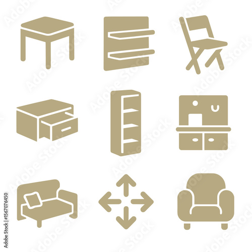 Compact Furniture Icons. Solid, filled icons set of compact furniture for small spaces: mini table, wall shelf
