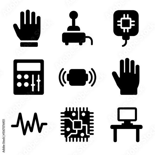Haptic Interface Icons. Solid, filled icon set of haptic interface engineer: VR glove, force feedback device, tactile sensor,