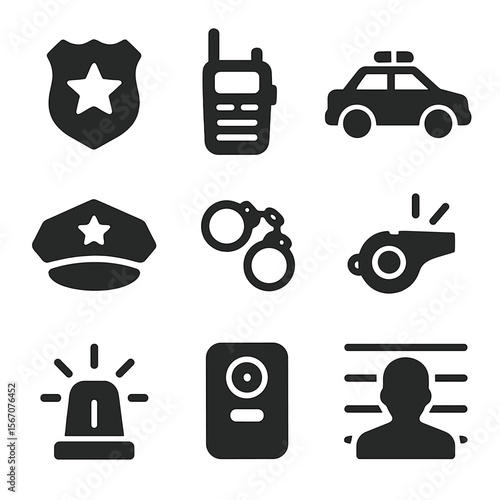 Police Icons in Action. Solid, filled icons set of police officers and first responders in action: police