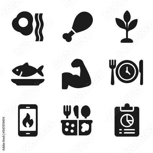 Dietary Plan Icons. Solid, filled icon set of protein dietary plans: keto diet, paleo diet, vegan diet, Mediterranean diet,