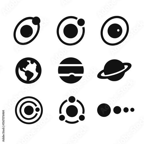 Solar System Icons. Solid, filled icon set of planets and orbits: Mercury orbit, Venus orbit, Mars orbit, Earth orbit, gas giant