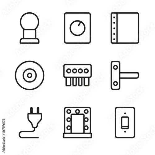 Vanity Mirror Icon Set. Outline icon set of vanity mirror lighting fixtures: round bulb socket, dimmer switch panel, LED strip
