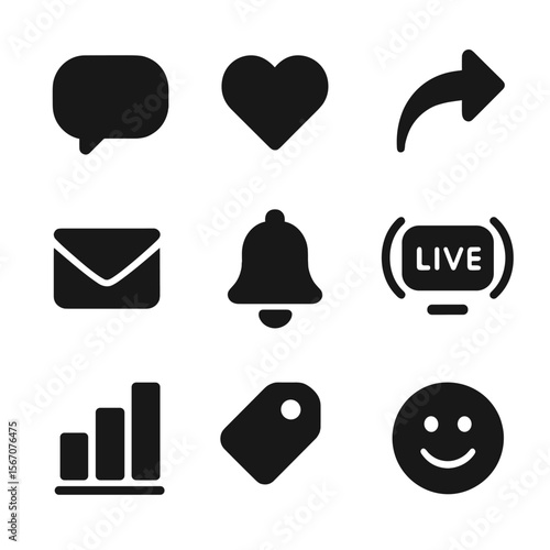 Engagement Tools Icons. Solid, filled icon set of influencer engagement tools: comment bubble, heart, share arrow, direct message,