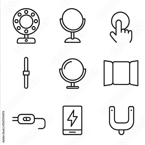 Vanity Mirror Icon Set. Outline icon set of vanity mirror features: LED bulb ring, adjustable swivel mirror, touch sensor button,