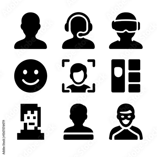 Digital Avatar Icons. Solid, filled icon set of digital avatars: profile silhouette, gamer icon, VR headset, emoji face, avatar