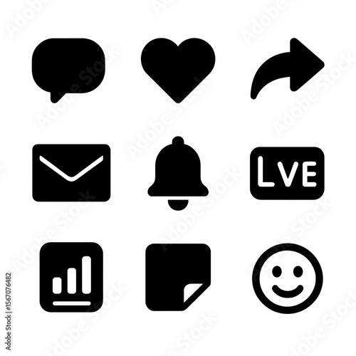 Engagement Tools Icons. Solid, filled icon set of influencer engagement tools: comment bubble, heart, share arrow, direct message,
