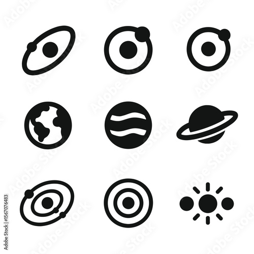 Solar System Icons. Solid, filled icon set of planets and orbits: Mercury orbit, Venus orbit, Mars orbit, Earth orbit, gas giant