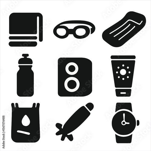 Pool Day Essentials. Solid, filled icons set of pool day essentials: towel icon, swim goggles, inflatable
