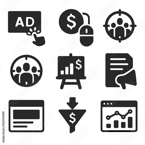 PPC Advertising Icons. Solid, filled icons set of pay-per-click (PPC) advertising: ad click, bid icon, CPC