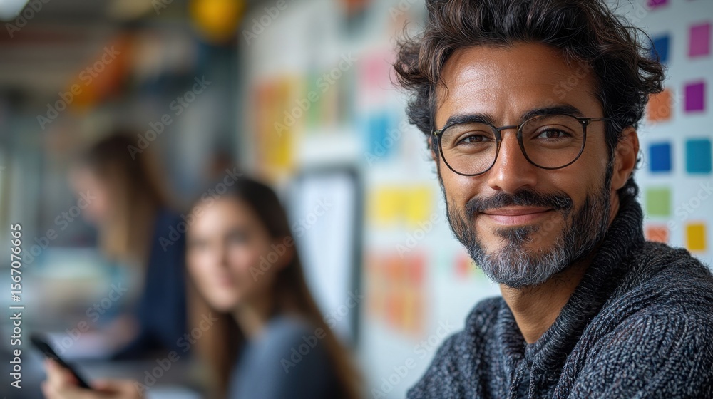 Smiling man with glasses and beard in front of a woman earning new languages Smiling man with glasses and beard in front of a woman earning new languages