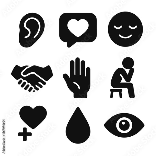 Compassionate Listening Icons. Solid, filled icons set of compassionate listening: open ear, heart speech