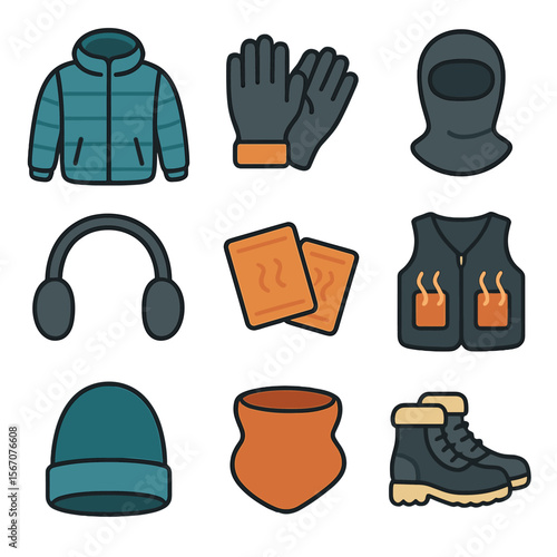 Cold Weather Essentials. Flat icon set of cold weather PPE: insulated jacket, thermal gloves, balaclava, winter boots, ear warmers