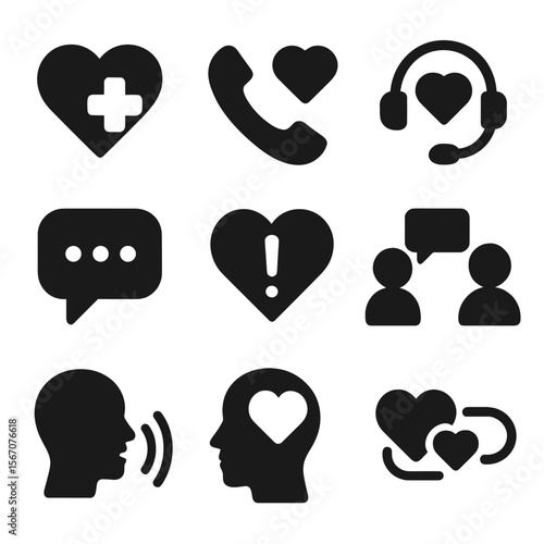 Compassionate Listening Icons. Solid, filled icons set of compassionate listening in crisis response: