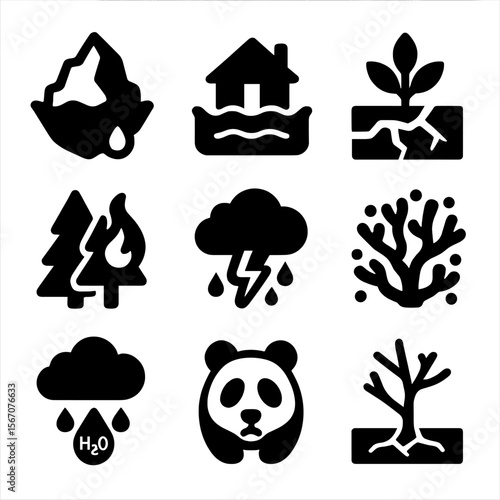 Environmental Impact Icons. Solid, filled icon set of environmental impacts: melting iceberg, rising sea level, drought, forest