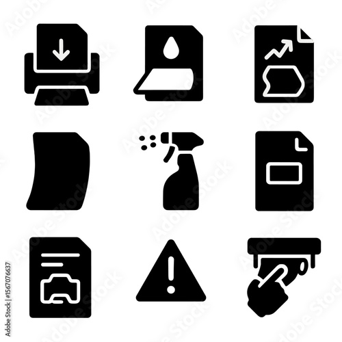 Printer Paper Jam Prevention. Solid, filled icons set of printer paper jam prevention: proper paper load,