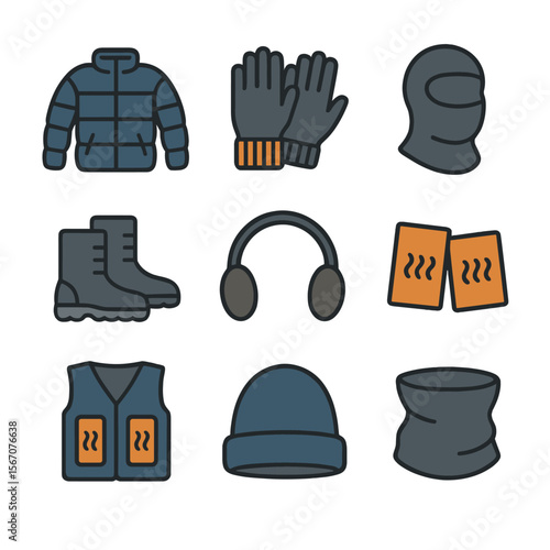 Cold Weather Essentials. Flat icon set of cold weather PPE: insulated jacket, thermal gloves, balaclava, winter boots, ear warmers