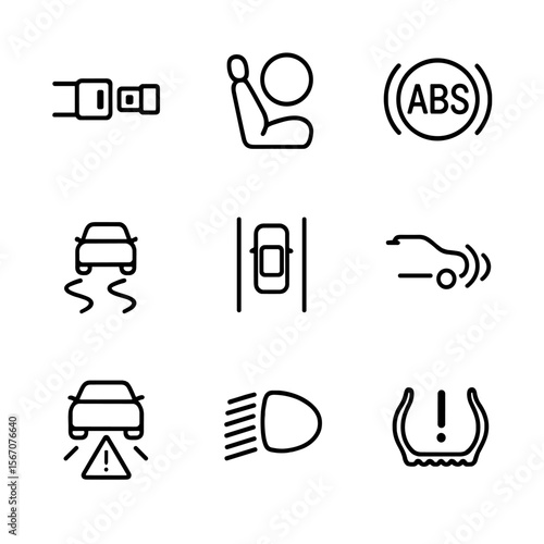Vehicle Safety Icon Set. Outline icon set of vehicle safety features: seatbelt buckle, airbag deploying, ABS brake icon, traction