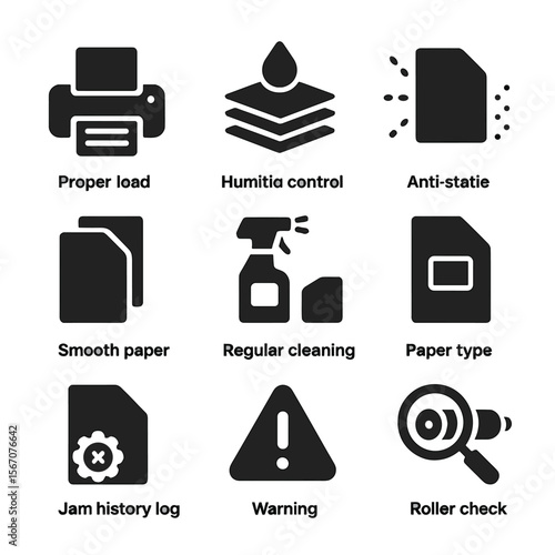 Printer Paper Jam Prevention. Solid, filled icons set of printer paper jam prevention: proper paper load,