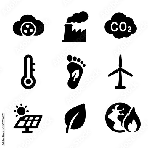 Environmental Icon Grid. Solid, filled icon set of environmental tracking: air quality, pollution, CO2 emissions, thermometer,