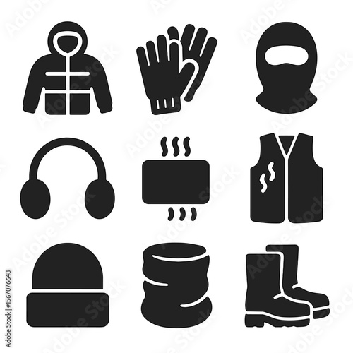 Cold Weather Gear Icons. Solid, Filled icon set of cold weather PPE: insulated jacket, thermal gloves, balaclava, winter boots,