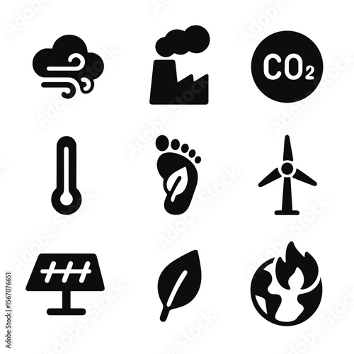 Environmental Icon Grid. Solid, filled icon set of environmental tracking: air quality, pollution, CO2 emissions, thermometer,