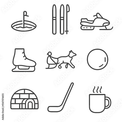 Cold Weather Icon Set. Outline icon set of cold-weather activities: ice fishing hole, cross-country skis, snowmobile, ice skating