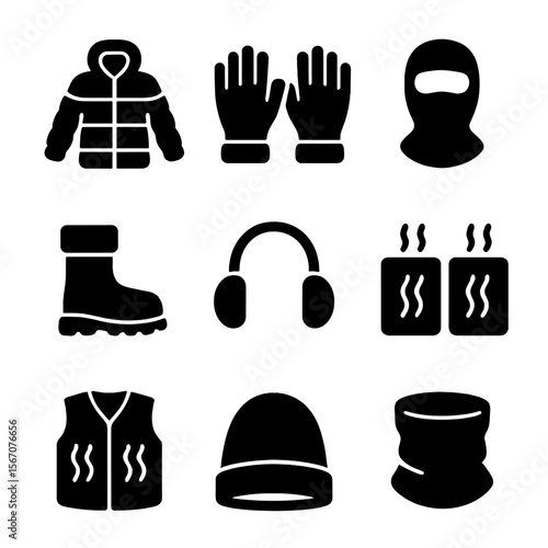 Cold Weather Gear Icons. Solid, Filled icon set of cold weather PPE: insulated jacket, thermal gloves, balaclava, winter boots,