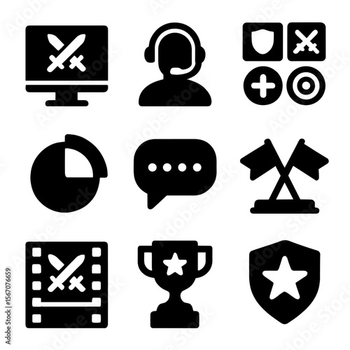 Competitive Gaming Icons. Solid, filled icons set of competitive gaming practice: scrim setup, voice comms,