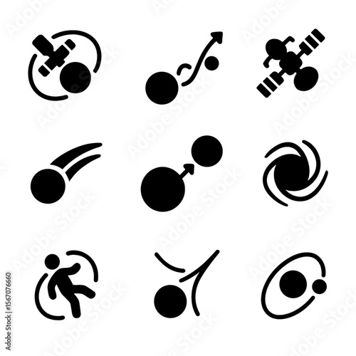 Space Interaction Icons. Solid, filled icon set of space and gravity interaction: orbiting satellite, gravitational slingshot,