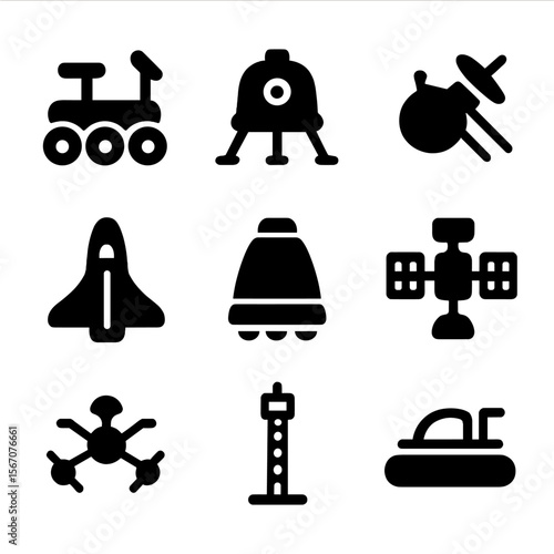 Space Vehicles Icons. Solid, filled icon set of space exploration vehicles: rover, lander, space probe, space shuttle, capsule,