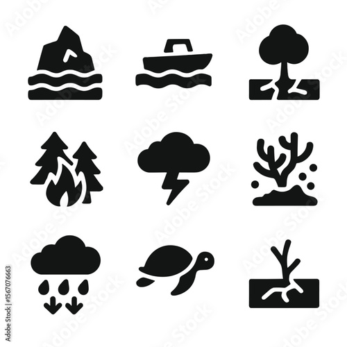 Environmental Impact Icons. Solid, filled icon set of environmental impacts: melting iceberg, rising sea level, drought, forest