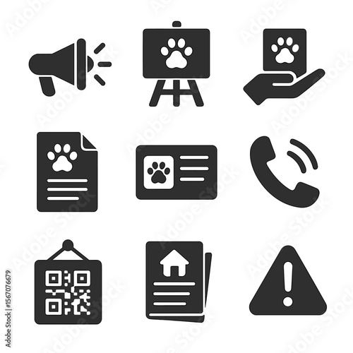 Public Awareness Icons. Solid, filled icons set of public awareness for shelter needs: speaker icon, poster