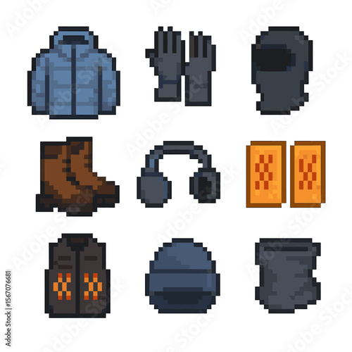 Cold Weather Icon Set. Pixel art icon set of cold weather PPE: insulated jacket, thermal gloves, balaclava, winter boots, ear