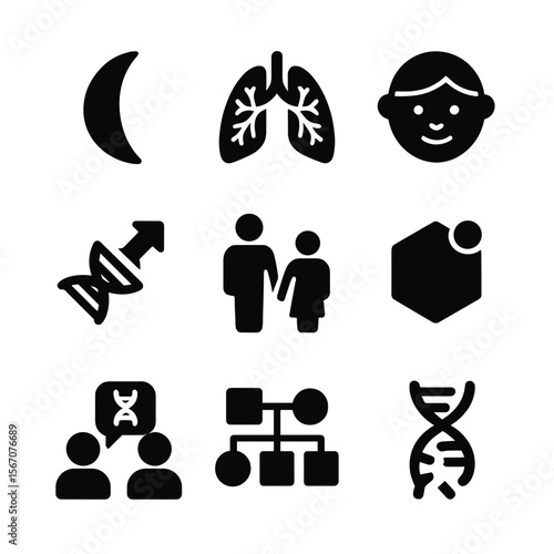 Hereditary Disease Icons. Solid, filled icon set of hereditary diseases and disorders: sickle cell, cystic fibrosis lungs, Down