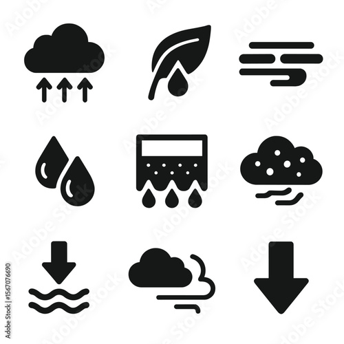 Condensation Process Icons. Solid, filled icons set of condensation process: cloud forming, dew on leaf, fog