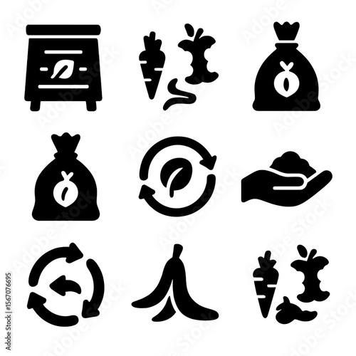 Composting Icons Collection. Solid, filled icons set of composting vegetable waste: compost bin, peel scraps,
